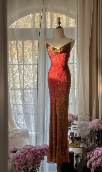 Vintage Unique Red Orange Ombre Black Beaded Chiffon Evening Dress Party Dress HZ1023